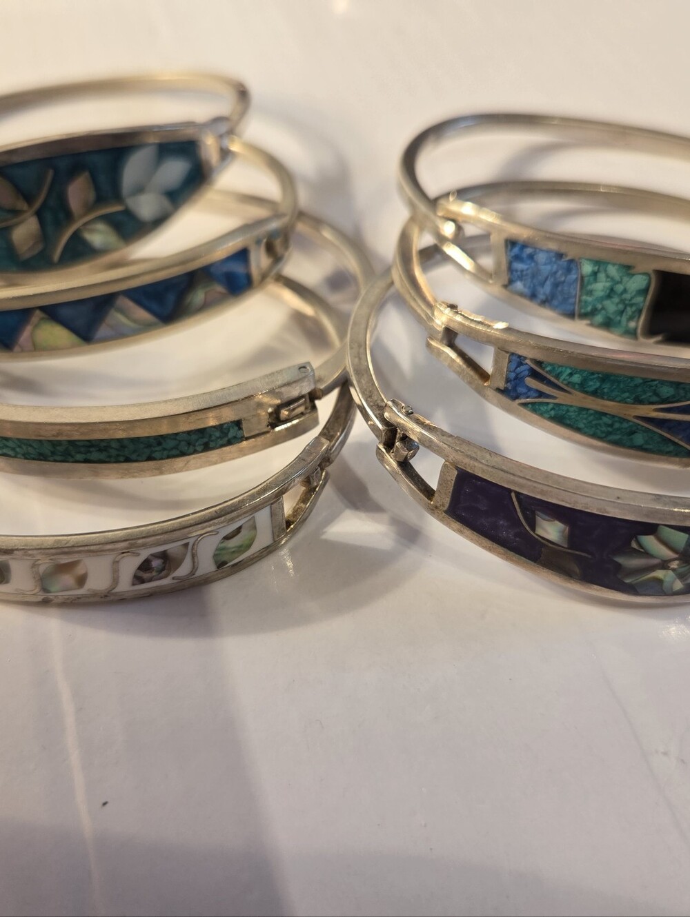 Sterling Silver Filled  Blue and Teal Inlay Bangle Bracelet - Picture 9 of 16